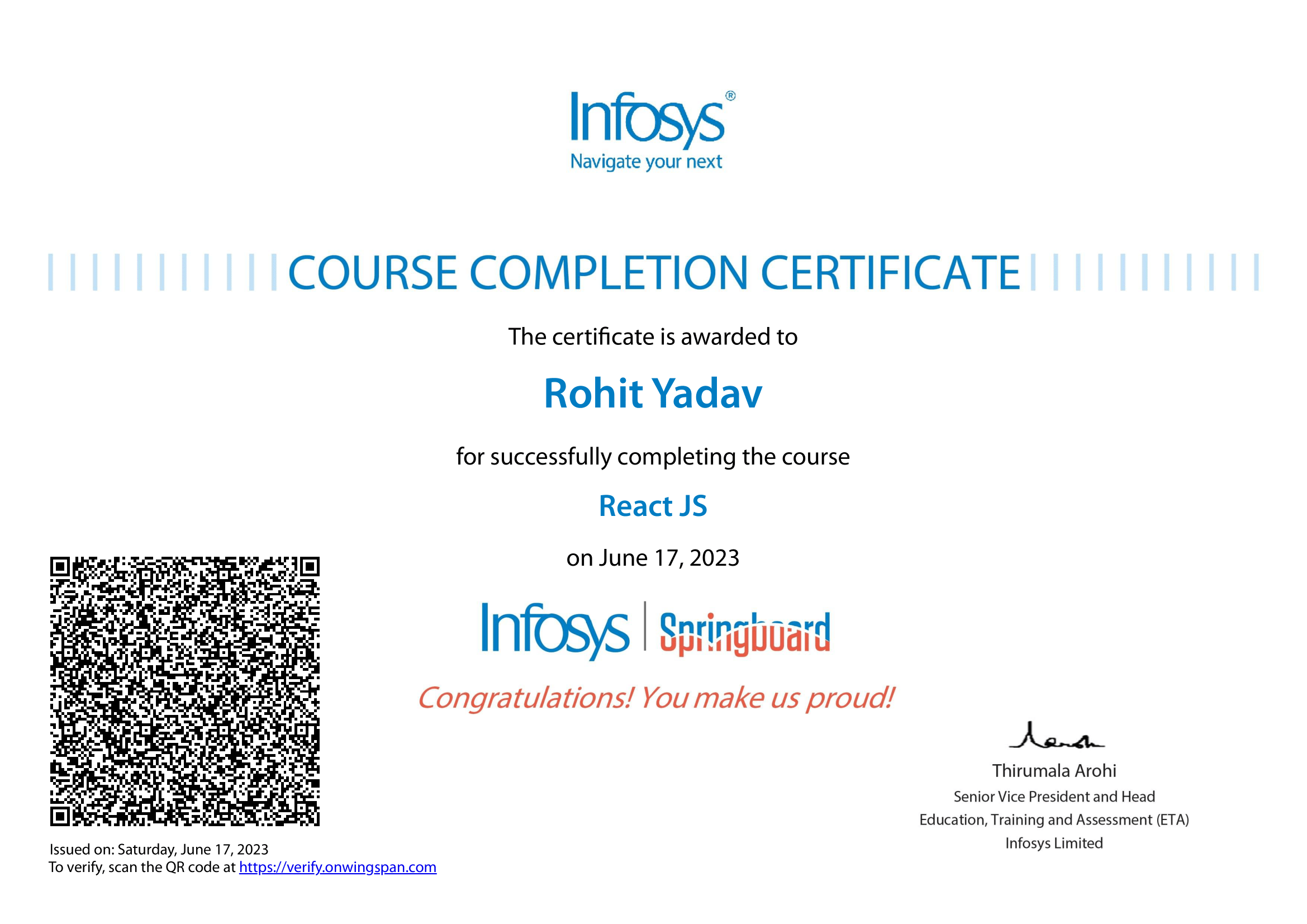 React Infosys SpringBoard Certificate